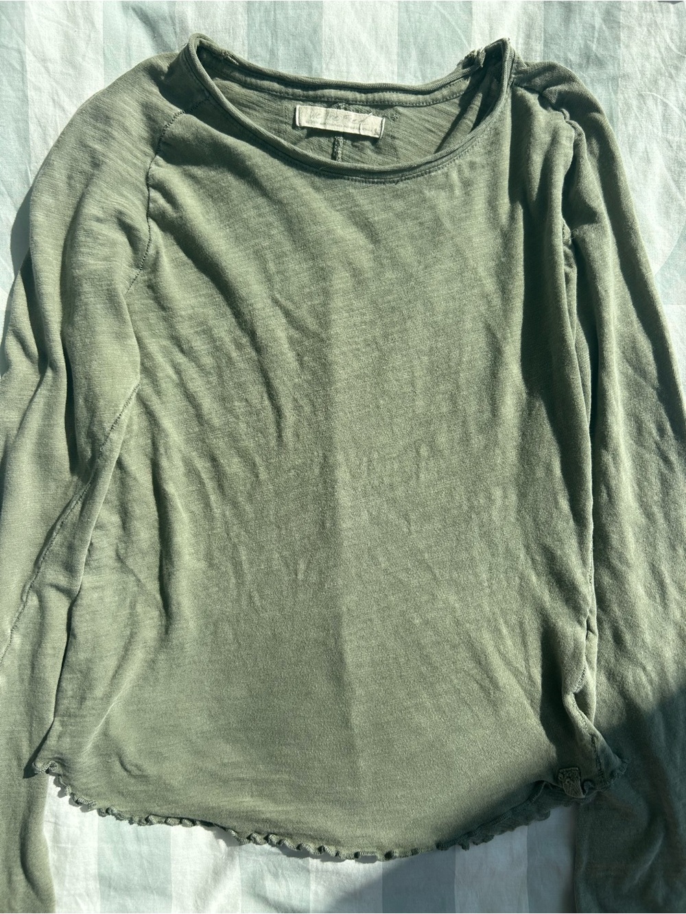 Free People Olive Ribbed-Edge Long Sleeve Tee
